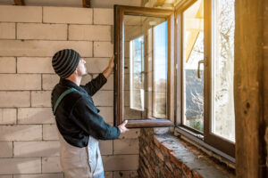 A professional worker in a striped beanie and dark apron expertly installs a new casement window with a brown frame into the exposed brick wall of a bright, sunlit room.