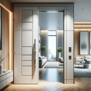 An elegant contemporary door with geometric panel design opens into a modern and luxurious interior with a spacious living room, reflecting a sophisticated urban living style.