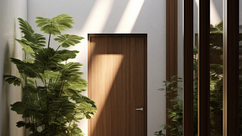 A serene entryway featuring a contemporary door with a warm wood finish, nestled within a modern home with lush greenery and natural light.